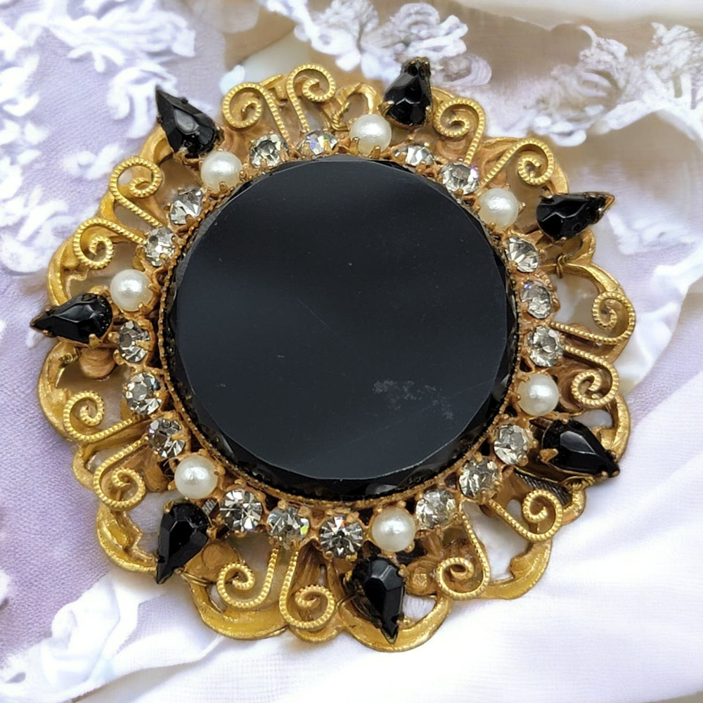 Vintage ~Original by Robert ~  Black Glass Rhinestone Brooch Pin and Pendant